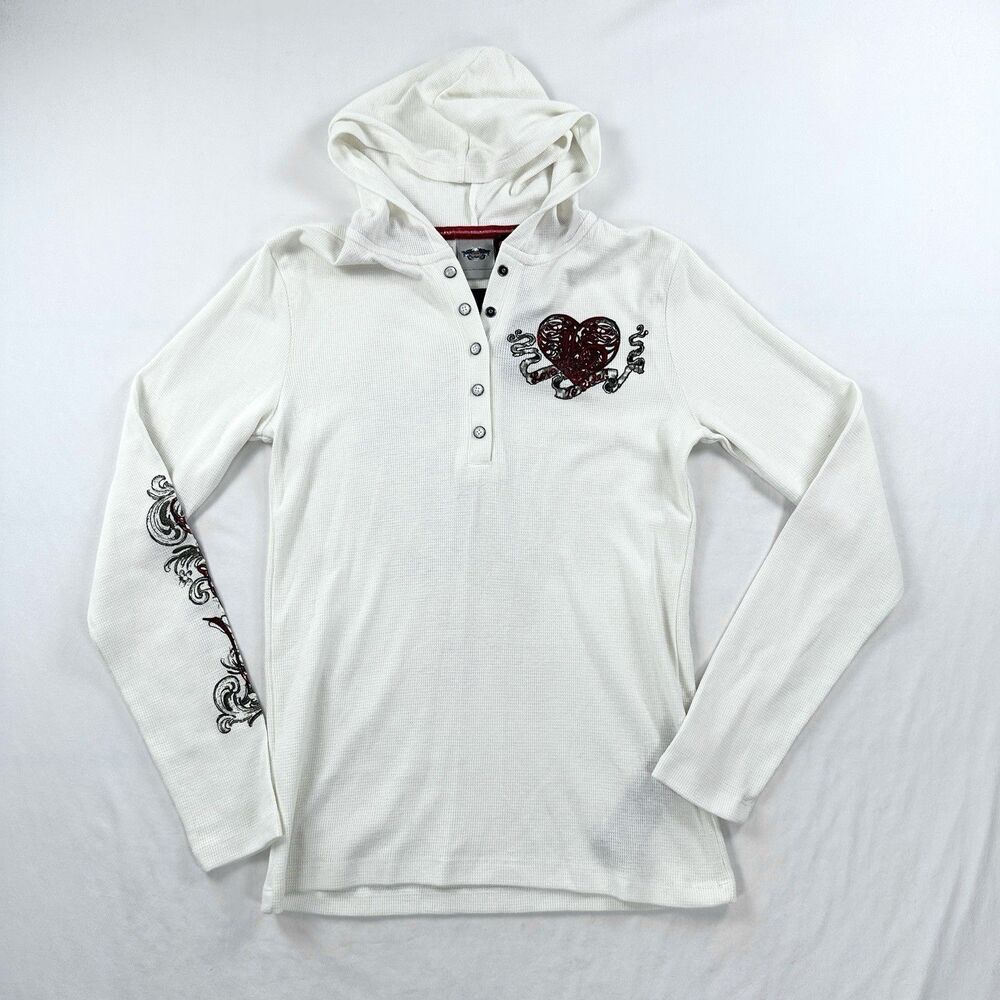 Harley Davidson Thermal Henley Hoodie Womens Medium Biker Y2K Tattoo Heart - Picture 2 of 13